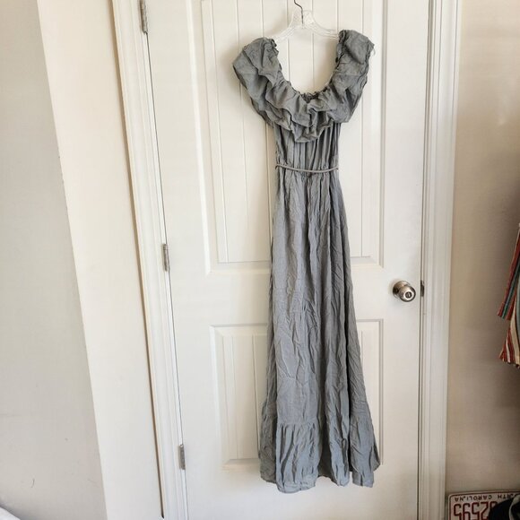 Pinkblush Sage Gray Maxi Dress With Ruffled Neckline & Elastic Waist - Picture 12 of 12